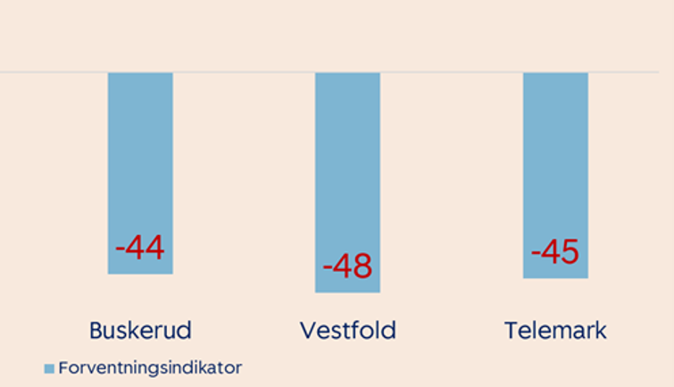 Graf med forventningsindikator for de ulike fylkene. Buskerud måler - 44, Vestfold måler - 48, Telemark måler - 45.